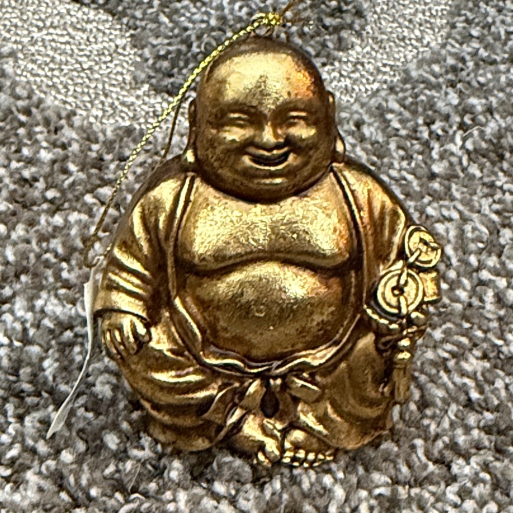 NEW. Holiday Lane Gold Laughing Buddha Ornament.